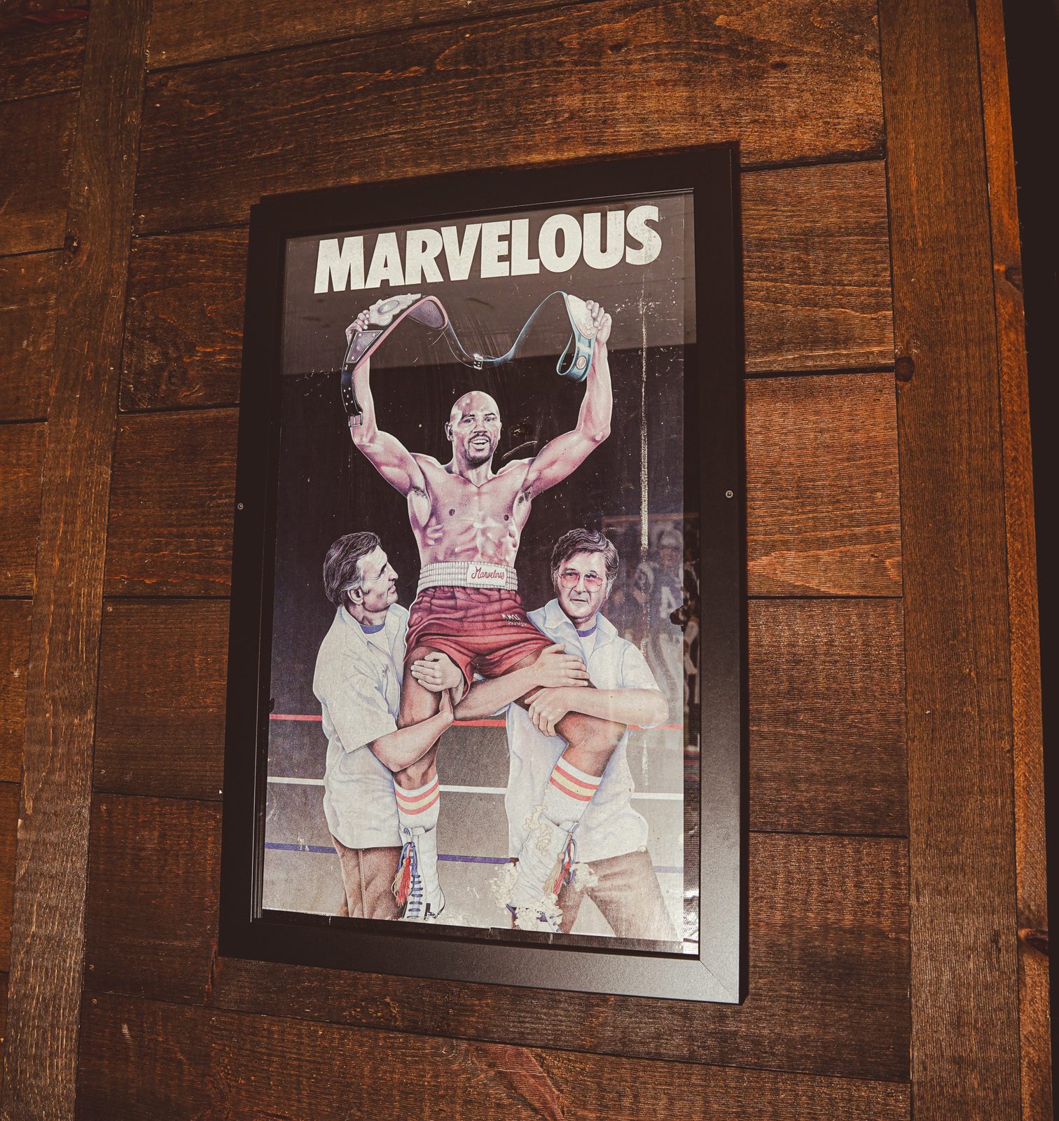 Framed Marvelous Hagler poster on the wood wall